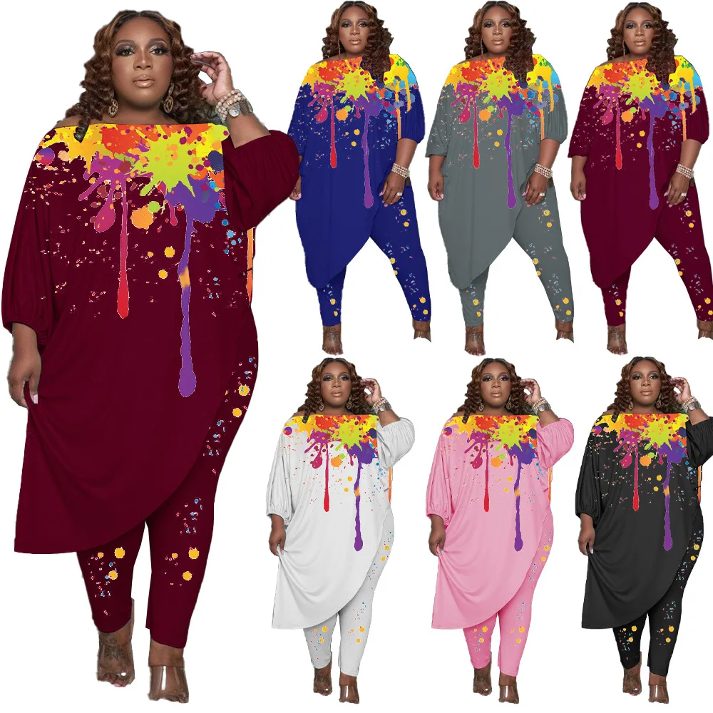 

Женский спортивный костюм, Асимметричный топ с длинным рукавом и длинные брюки в уличном стиле, размера плюс, XL-5XL