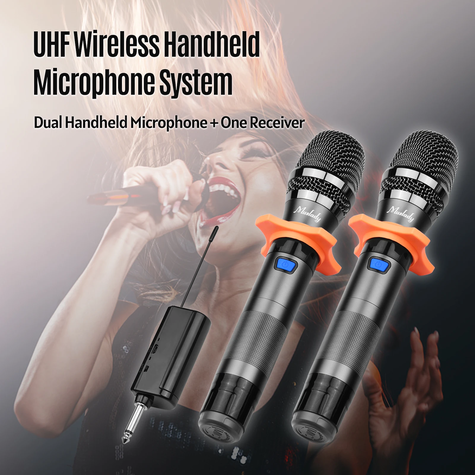

Muslady AD-322 UHF Wireless Microphone System with Dual Handheld Microphone Receiver 6.35mm Plug for Video Live Broadcast