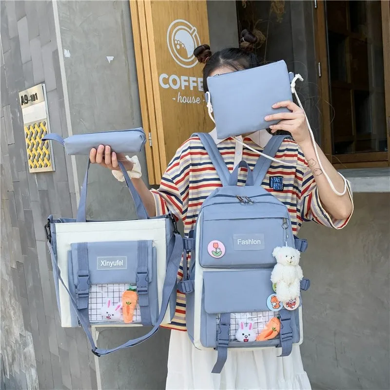 

4-piece Set Fashion Women's Backpack Contrast Color Nylon School Bag For Girls Large-capacity Waterproof Student Scoolbags 2021