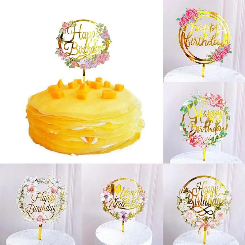 

Happy birthday cupcake toppers colorful flowers acrylic party decorations topper For kids dessert baking supplies cake part C5K1