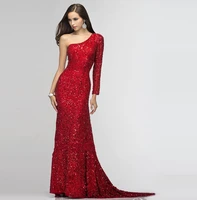 red sequins beaded elegant long sleeve one shoulder sexy sweep train floor length robe de soiree 2018 bridesmaid dresses