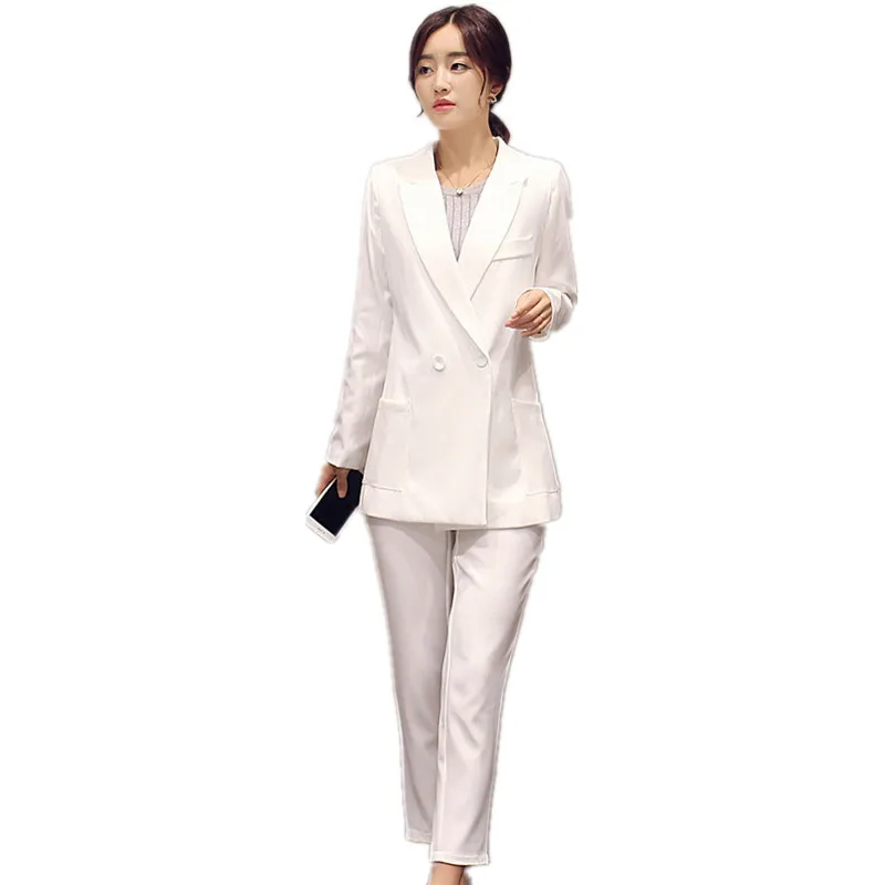 

White Long Jacket 2 piece set women business suits slim fit ladies office uniform elegant pant suits female trouser suits