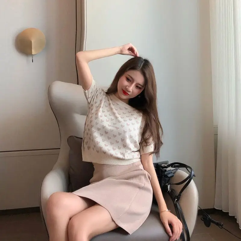 

Korean new foreign style top trend chic fashion show thin and versatile love jacquard junior knitted bottoming shirt for women