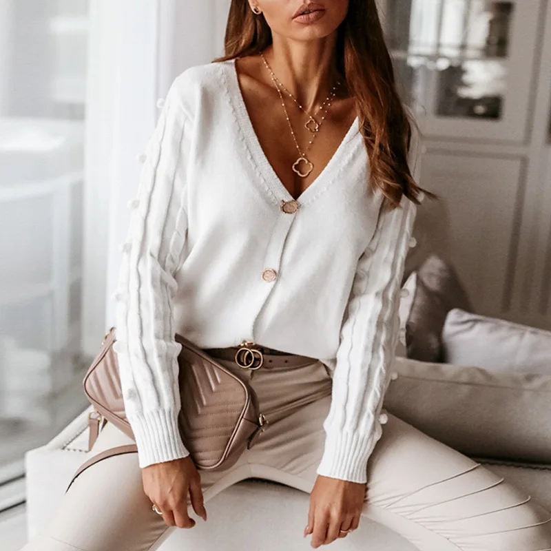 

Foridol Sexy V-neck Knitted Women Cardigan Casual Solid White Long Sleeve Sweater Cardigan Autumn Winter Ladies Sweater Tops