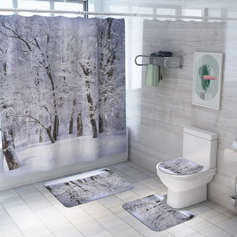 Winter Snow Forest Frosty Tree Bathroom Curtains Set Waterproof Fabric Polyester Shower Curtain Toilet Cover Mat Non Slip Rug | Дом и сад