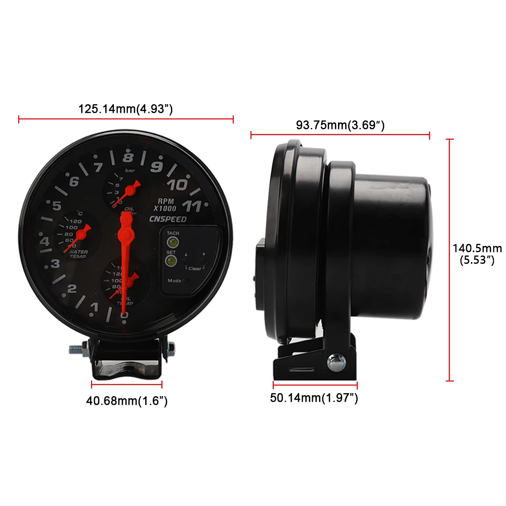 5" 4 IN 1 12V Racing Car Tachometer Rpm Gauge Meter Water Temp Oil Temperature oil pressure gauge Meter shift light Sensor