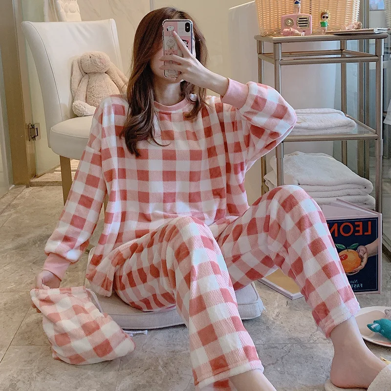 

Cartoon Women Flannel Sleepwear Thick Coral Velvet Warm Pyjamas + Cloth Bag Long Sleeve Fall Winter Pajama Set Pijama Mujer