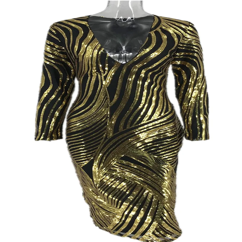 

2021 New Winter European Style Black Gold Sequin Sexy Slim Long Sleeve Dress