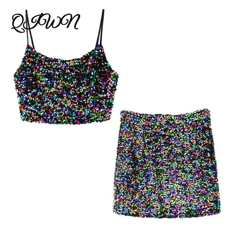 Бренд 2020 летний женский костюм с блестками и бисером короткий слинг + мини юбка