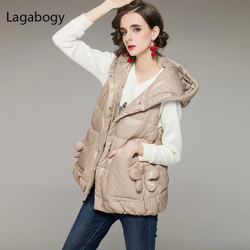 

Новинка 2021, зимний женский жилет Lagabogy, 90% пуховое пальто на белом утином пуху без рукавов, Женская Толстая теплая короткая куртка с капюшоном...