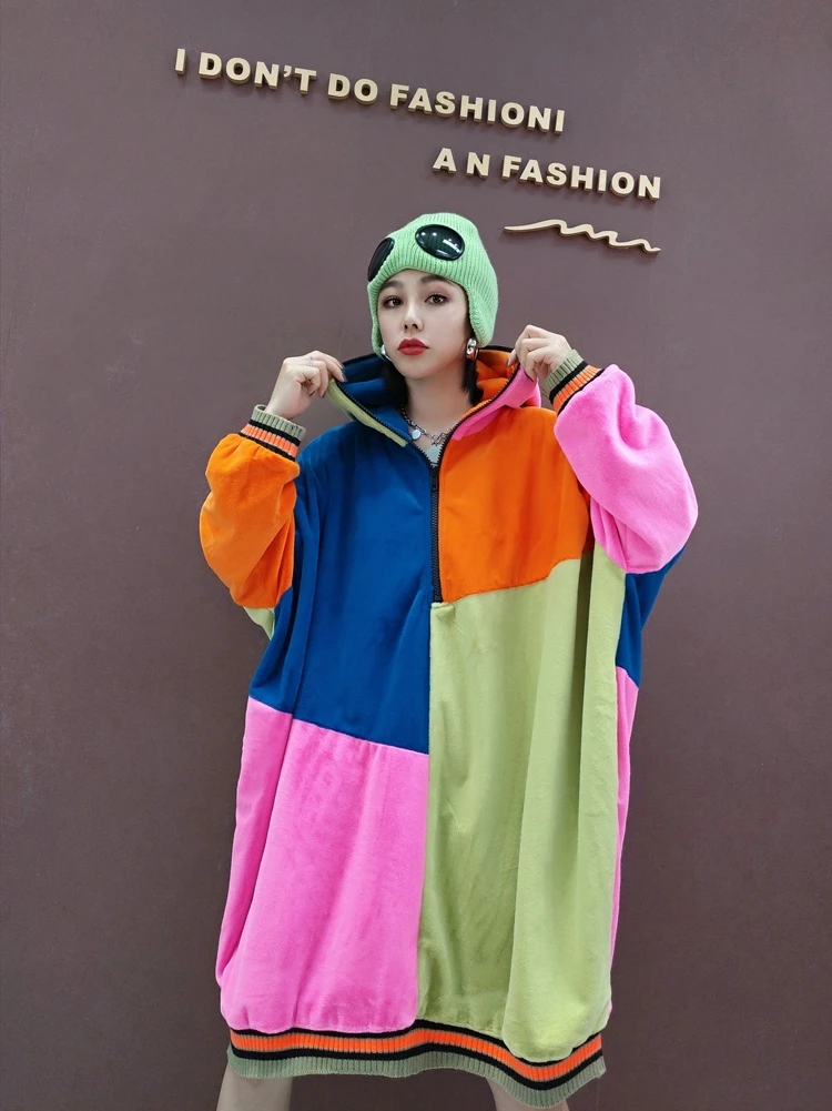 

QING MO 2021 Winter New Fashion Women Patchwork Color Sweatshirt Women Velet Thickened Sweatshirt Hooded ZQY5870