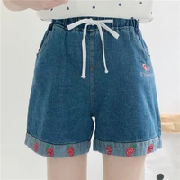 kawaii strawberry embroidery jeans women denim shorts high waisted bottoms summer loose girls 2021 cute casual shorts fashion