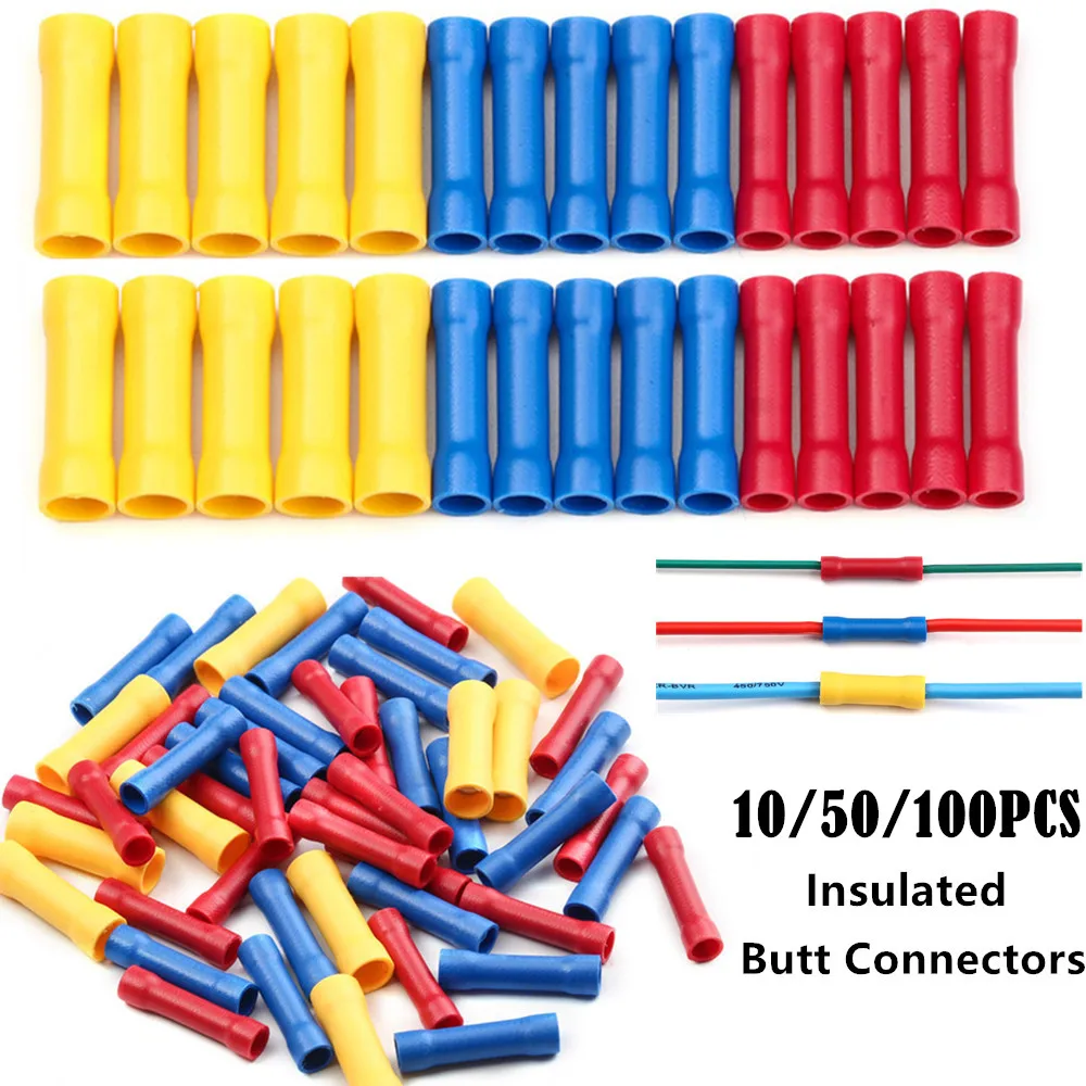 10/50/100pcs BV1.25 BV2.5 BV5.5 Assorted Insulated Crimp Terminals Electrical Wire Cable Butt Connectors Crimping Terminal