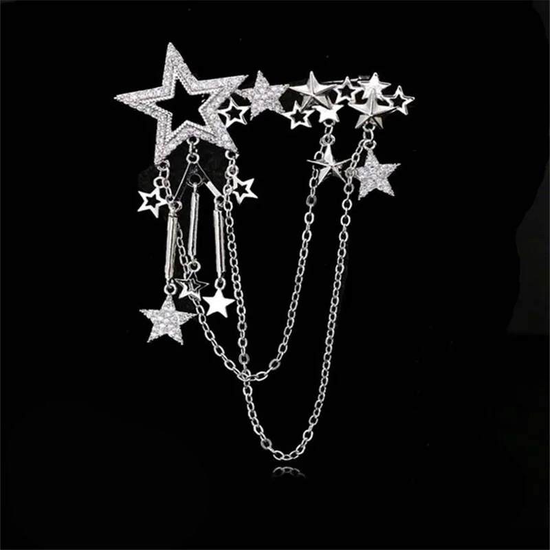 

New Fashion Tassel Chain Brooch Rhinestone Charm Star Sparking Lady Dress PIN Decoration Wild Multi-Layer Clothing Accessories