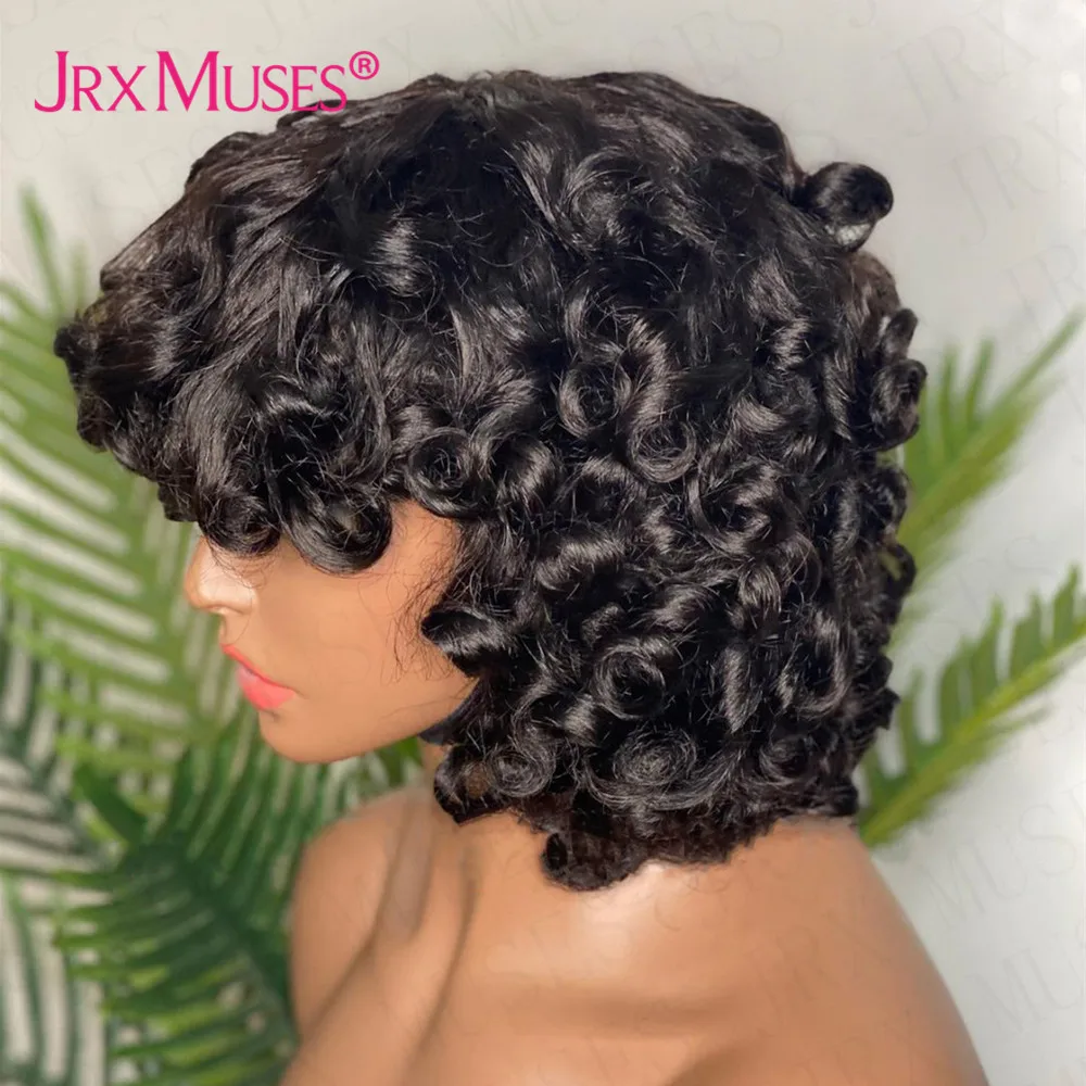 Fluffy Bouncy Curly Human Hair Wigs with Bangs Glueless Peruvian Remy Funmi Curls Short Bob Full Machine Made for Women | Шиньоны и