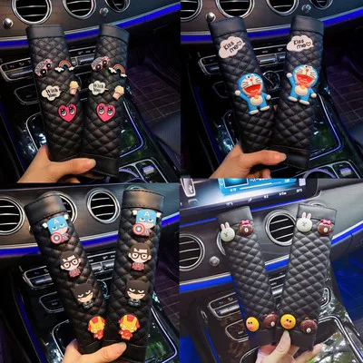 

1 пара симпатичных четырехсезонных чехлов для ремня безопасности расширенные Мультяшные защитные накладки на плечи автомобиля и кожаные а...