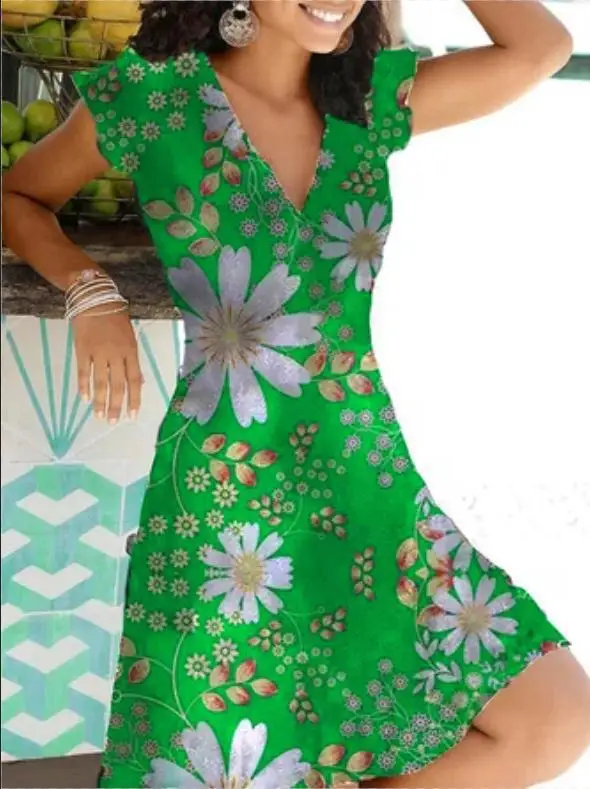 

Women's Dress 2021 Summer Floral Print V-Neck Wiast Dress Short Sleeve Boho Style Beach Vacation Sundress Plus Size Maxi Dress
