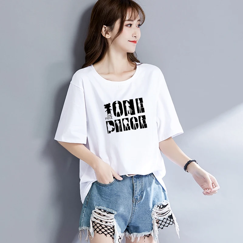 

Japan Style Anime Print T-shirt Women Loose Clothes Summer O-neck Plus Size Women Cotton Tshirt Black White Simple Streetwear