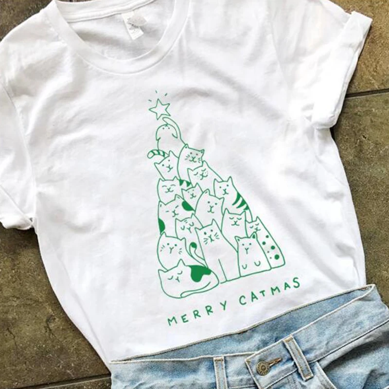 Женская футболка с графическим рисунком Merry Catmas милым рождественским подарком