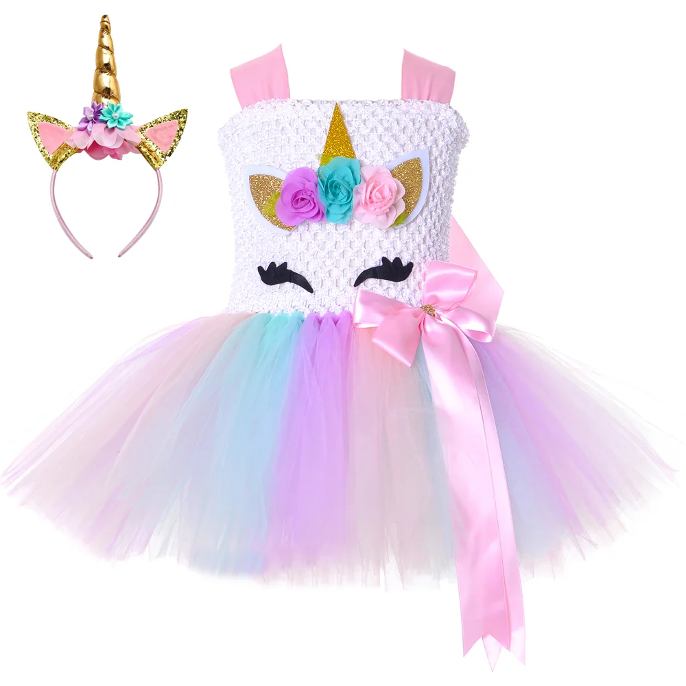 Pastel Flower Girls Unicorn Tutu Dress Princess Girl Masquerade Birthday Party Children Kids Purim Halloween Costume 1-14Y | Детская