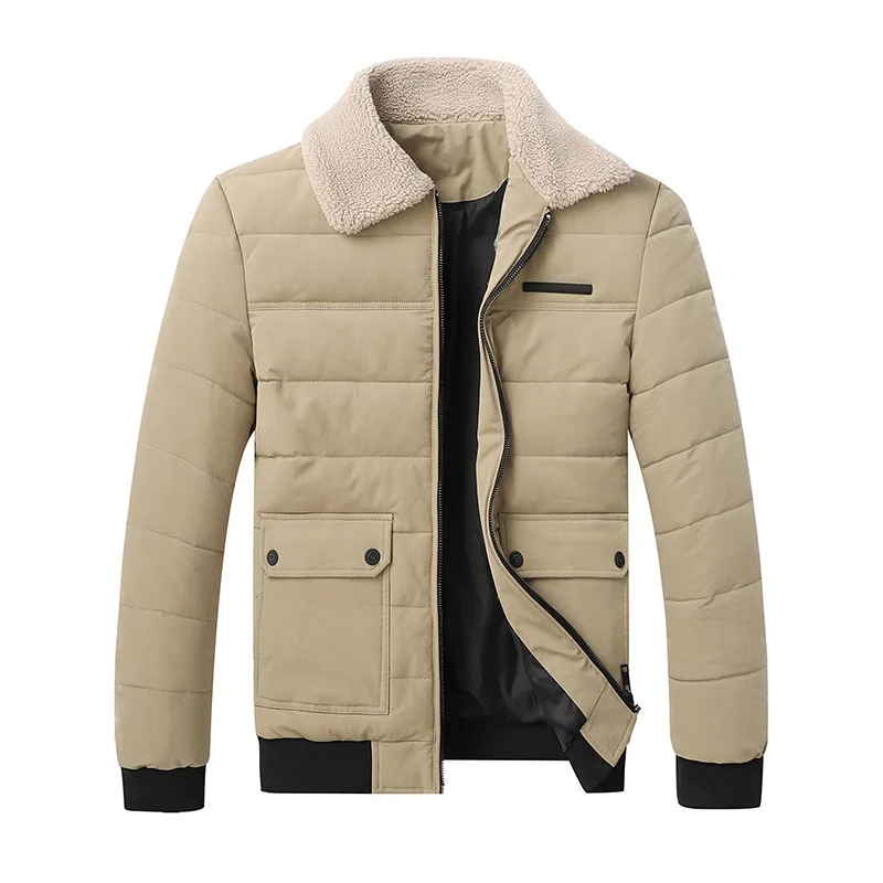 

Large Size Men's Parkas Winter Long Sleeve Lamb Down Lapel Solid Zipper Pocket Thick Warm Wind Proof Male Coat