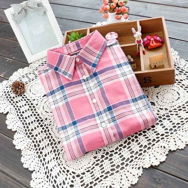 Осенняя модная женская клетчатая рубашка Фланелевая с отворотом блуза длинным