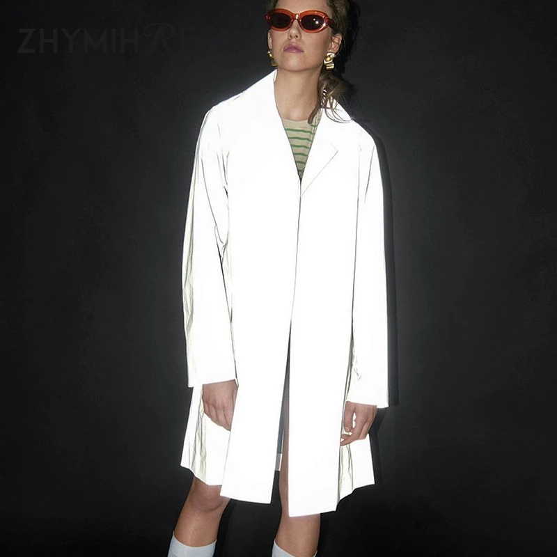 ZHYMIHRET 2019 осенний Новый светоотражающий Тренч женский длинный рукав отложной