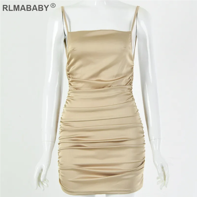 Khaki RLMABABY, однотонный атлас, Сексуальное мини платье на бретельках, без рукавов, с открытой спиной, женское облегающее платье, летнее Клубное нарядное плиссированное платье - Цвет: Khaki
