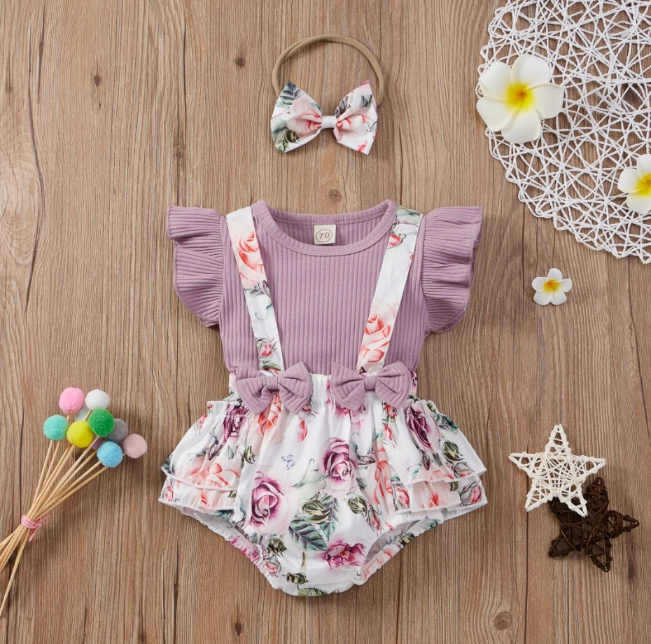 

Baby Girl’s Casual Three Piece Suit Fresh Solid Color Fly Sleeve T-shirt Suspender Shorts with Headband Sweety Baby's Sets