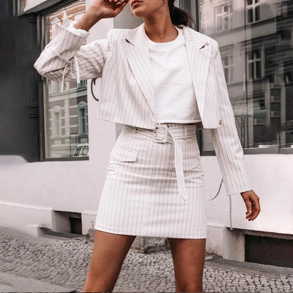 2019 осенние полосатые укороченные костюмы женские уличные повседневные блейзеры