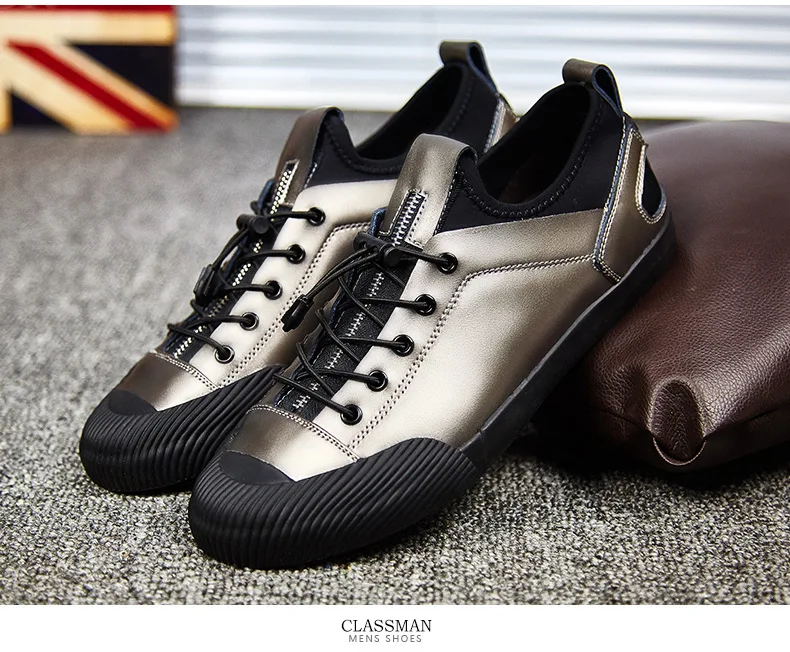 New Men's Leather Casual Shoes Men's British Style Designer Shoes Elastic Band Moccasins Men Loafers Sneakers Black Silver