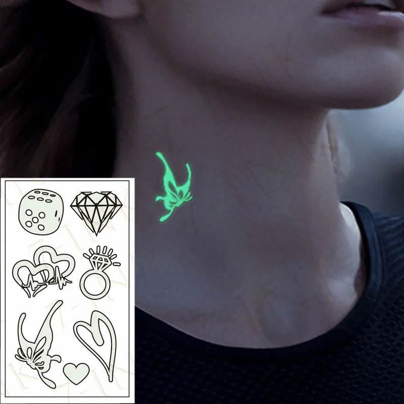 

Halloween Luminous Tattoo Sticker Diamond Butterfly Love Ring Waterproof Temporary Body Art Party Tatto Fake Tatoo for Men Women