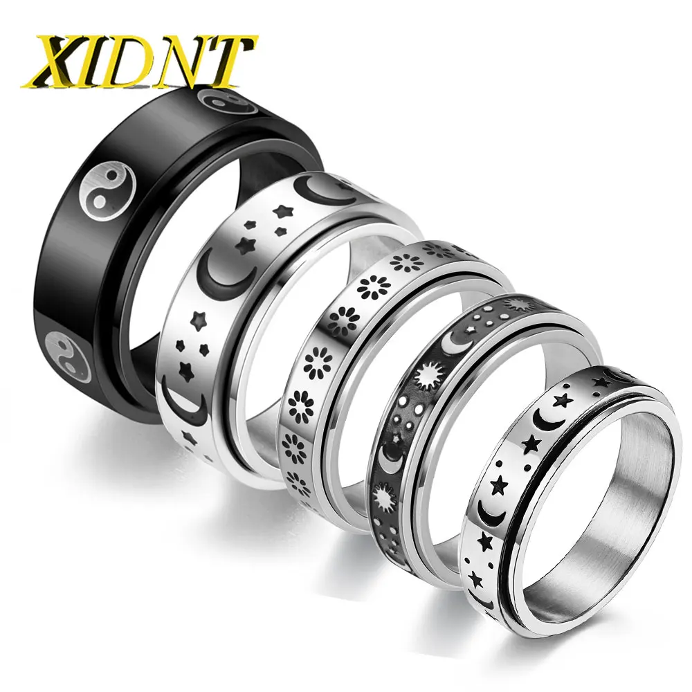 

XIDNT Yin Yang Gossip Tai Chi Star Moon Ring Set Men and Women Stainless Steel Rotating Pressure Release Jewelry Jewelry Gift