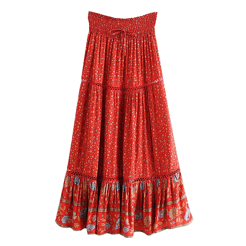 

French retro ins red sunflower positioning printing elastic waist lace hollow design skirt beach dress women