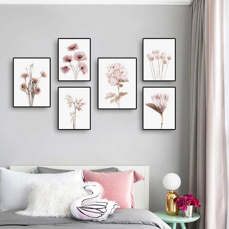 Картина на холсте с розовыми растениями и цветами Настенная картина в