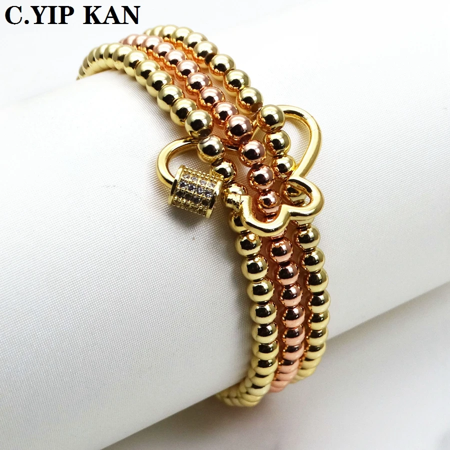 

C.YIP KAN Individual irregular love micro pave zircon spiral buckle connected 4mm gold brass bracelet for women Jewelry