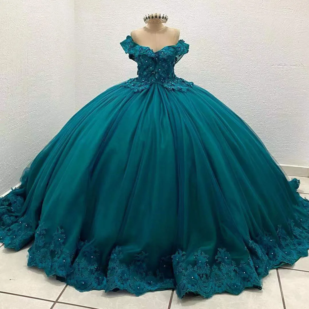 Greeen Evening Dresses Beading Sequined Appliques Sweetheart Short Sleeve Ball Gown Formal Party Prom Dress vestidos de 15 años