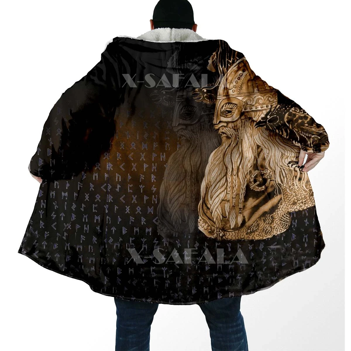 

Viking Odin Raven Gold All Over 3D Printed Hoodie Long Duffle Topcoat Hooded Blanket Cloak Thick Jacket Cotton Pullovers