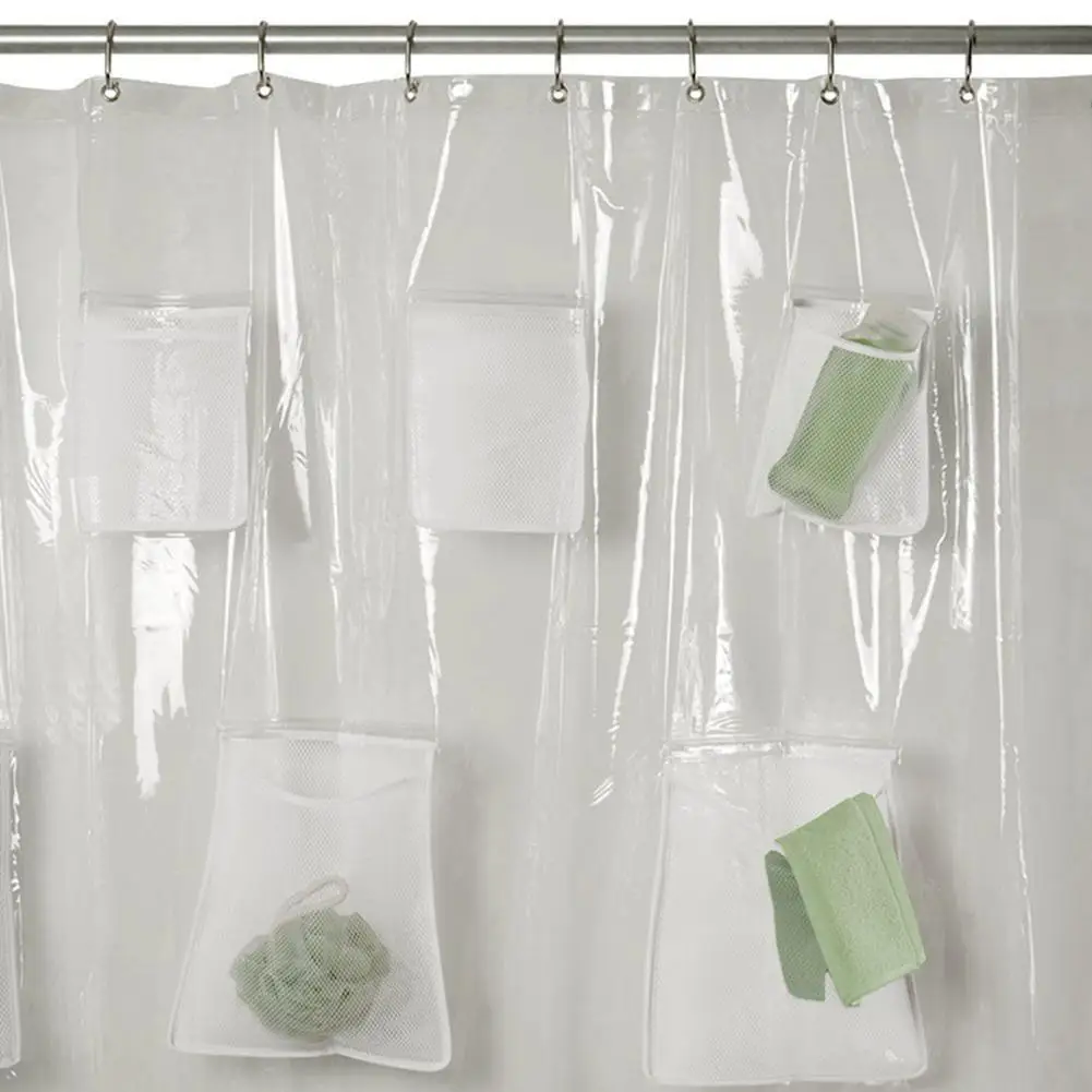 

Mesh Pockets Shower Curtain Multi-Purpose Bathroom Practical Accessories Storage Waterproof Thickened Pocket Shower Curtain