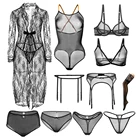 Соблазнительный комплект с прозрачным бюстгальтером, семейные халаты + боди + 2 бюстгальтера + 3 стринга + трусики с низкой посадкой + трусики с высокой посадкой + 2 подвязки + чулки 12 шт.компл.