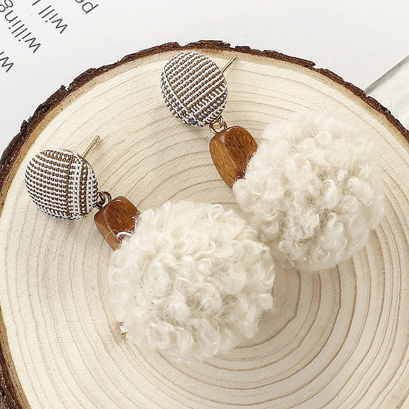 

Lifefontier Korean Cute Wool Ball Drop Earrings Wooden Wool Ball Dangle Earrings For Women Fanshion Jewelry Winter Girls Gift