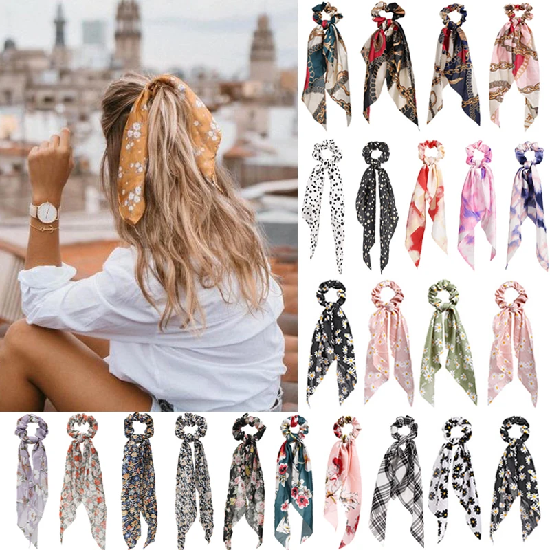 Fashion Leopard Print Bow Satin Girls Elastic Hair Bands Long Ribbon Ponytail Scarf Hair Tie Women Scrunchies Hair Accessories