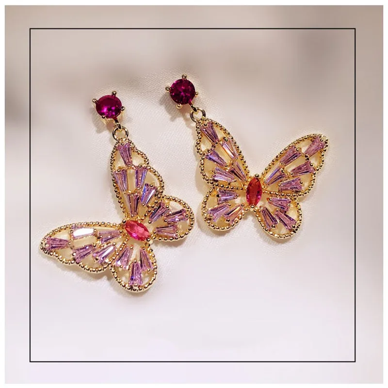 S925 Silver Needles Drop Earrings For Women Green/Pink Cubic Zirconia TButterfly Romantic Fine Jewelry Bridal Wedding Accessory