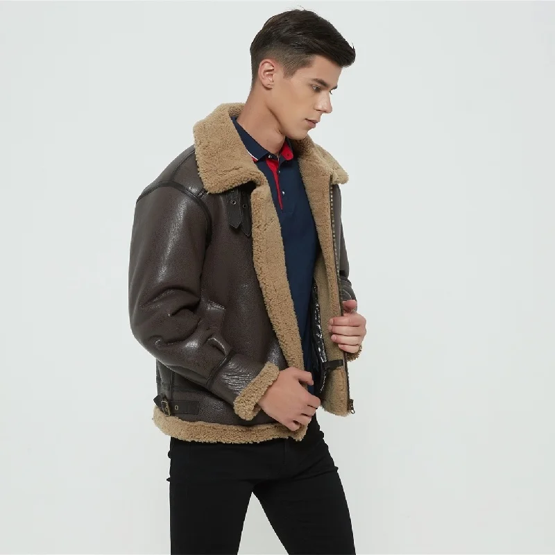 2021 темно-коричневая куртка-бомбер в стиле милитари B3 из натуральной овчины