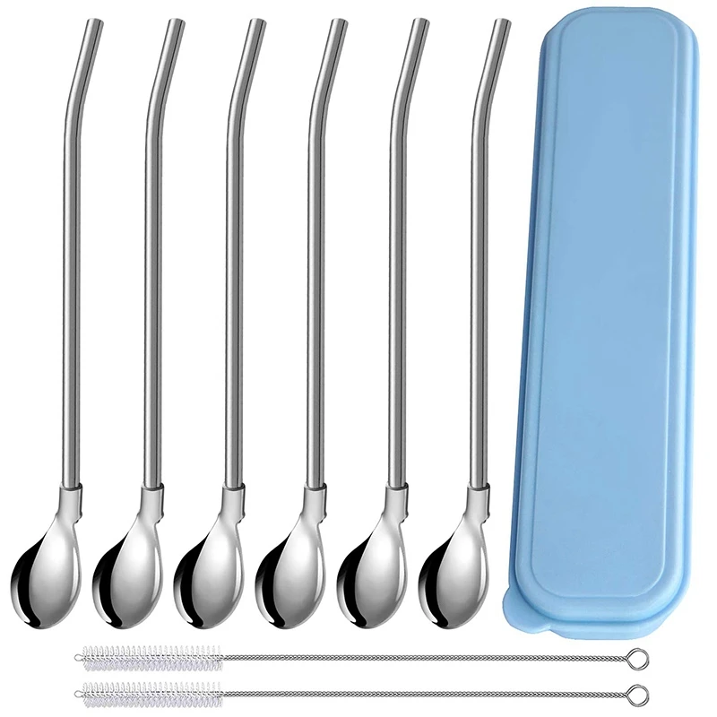 Многоразовая ложка соломинки для напитков ценная упаковка 6 шт. с 2 чистыми