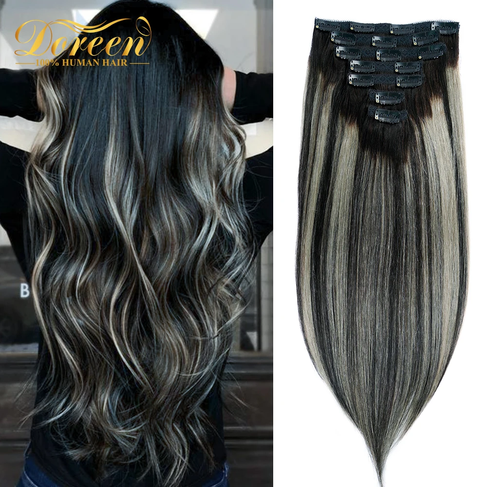 

Doreen 120 140G Machine Remy Ombre Color Grey Real Human Hair Clip in Extensions to Add Volume 7 Pcs/set 16 Clips