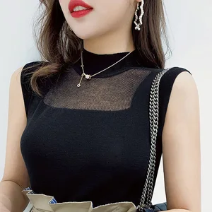 Женская трикотажная водолазка, повседневная трикотажная блуза без рукавов в стиле ретро, весна-лето DD8149