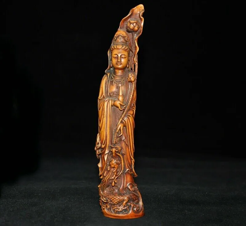 

wedding decoration 9" China Boxwood wood carving Buddhism lotus Kwan-yin Guanyin Bodhisattva statue