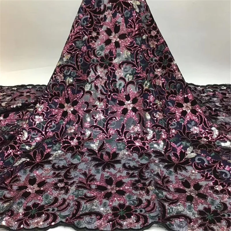 

African velvet Lace Fabric latest Top sale 2020 Nigerian French Embroidery Velvet Lace Fabric with Sequins For Wedding dress
