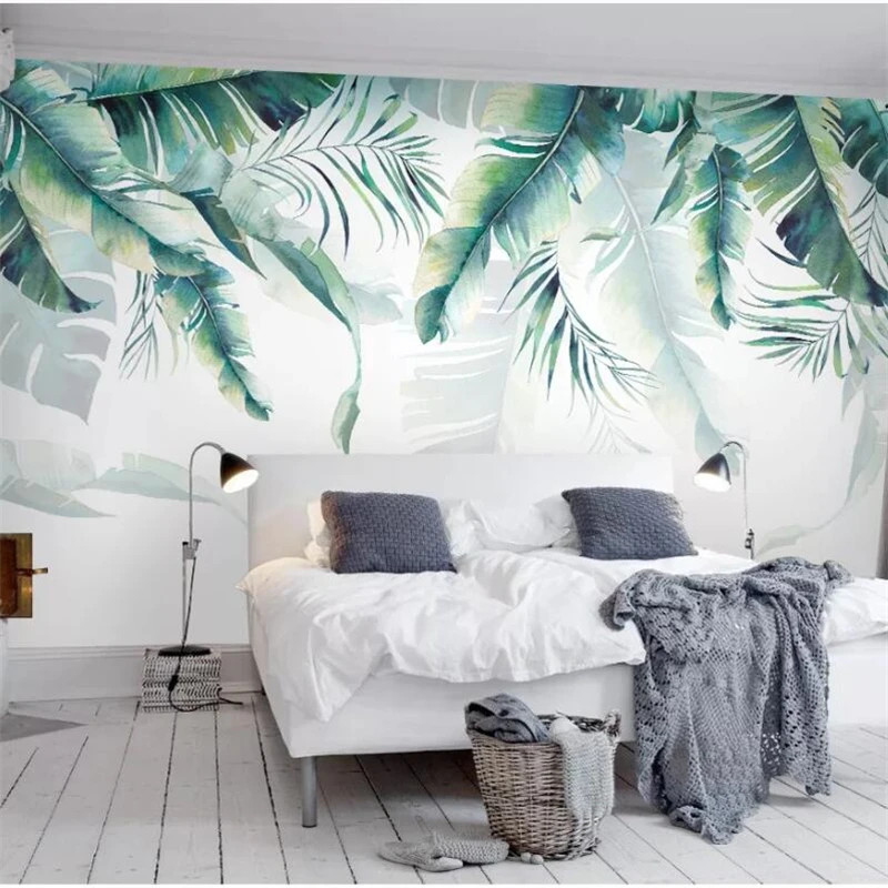 

wellyu papel de parede Customized large mural Nordic minimalist hand-painted banana leaf TV background mural green wallpaper